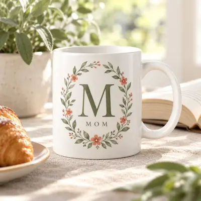 Mom Garden Initial Personalized Mug — lifestyle illustrative mockup